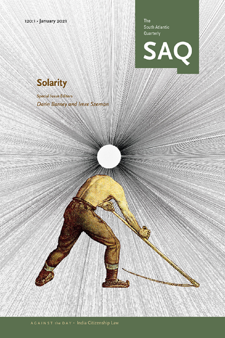Obálka časopisu South Atlantic Quarterly - hlava "sekáče" kosícího kosou je nahrazena prazným kruhem, od kterého se rozbíhají paprsky jakoby zářila do všech stran