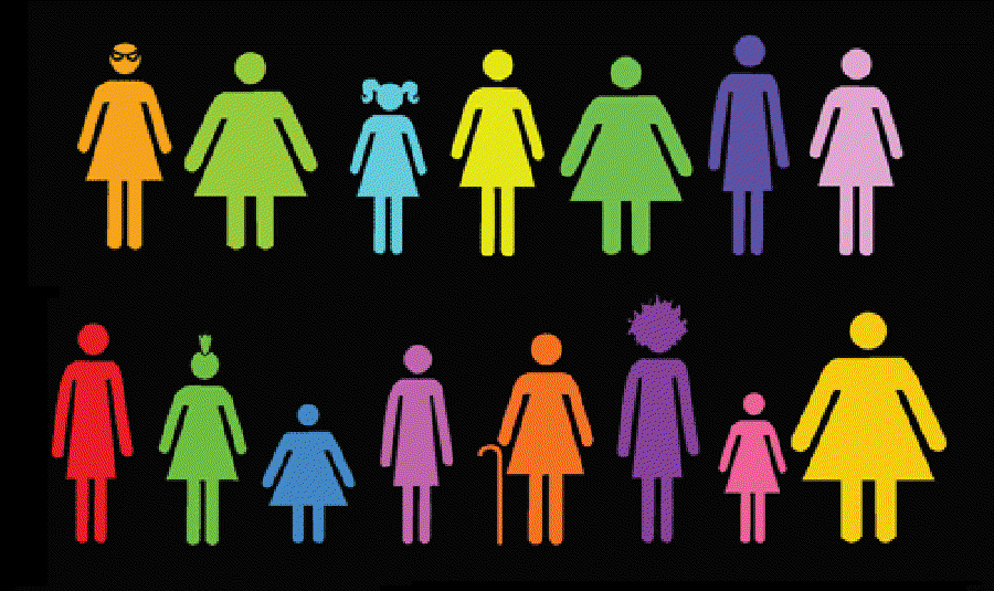 Na obrázku je 15 barevných ikon znazorňujících ženy s různými tělesnými proporcemi, různých tvarů a různého věku.